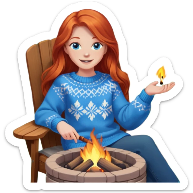 Very Happy redhead with long hair and blue eyes in chair beside fire pit in backyard sticker