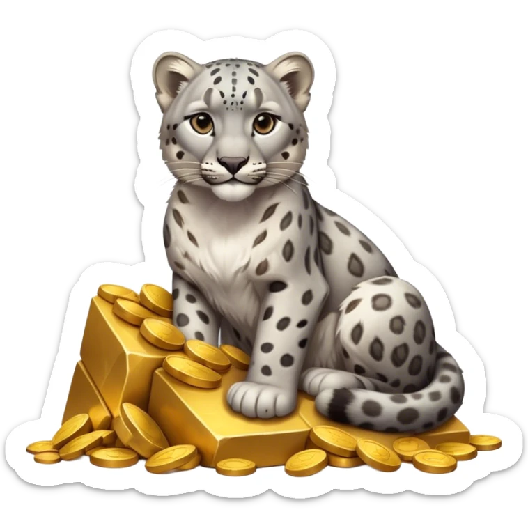 photorealistic snow leopard symbol of Kazakhstan sitting on pile of gold sticker