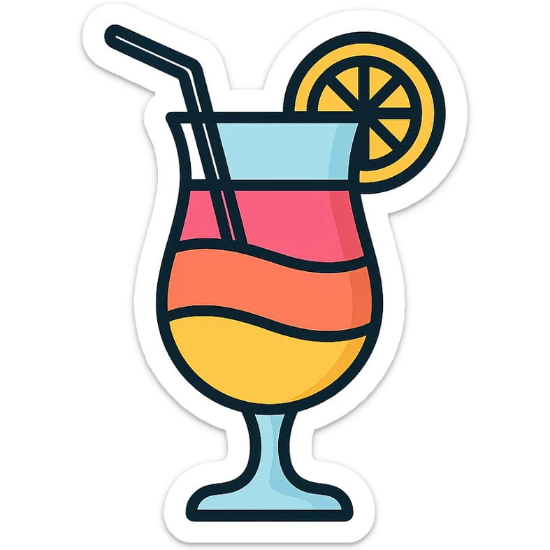 colorful cocktail in a tall glass with a straw and fruit garnish, vibrant and inviting, modern icon style sticker