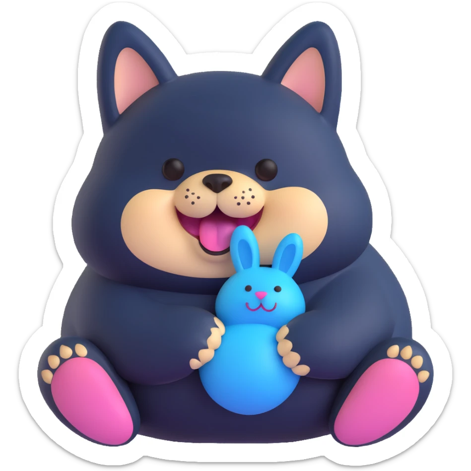 smiling overweight black shiba inu, gripping fluffy blue bunny toy in mouth, cheesy aroma vibe sticker