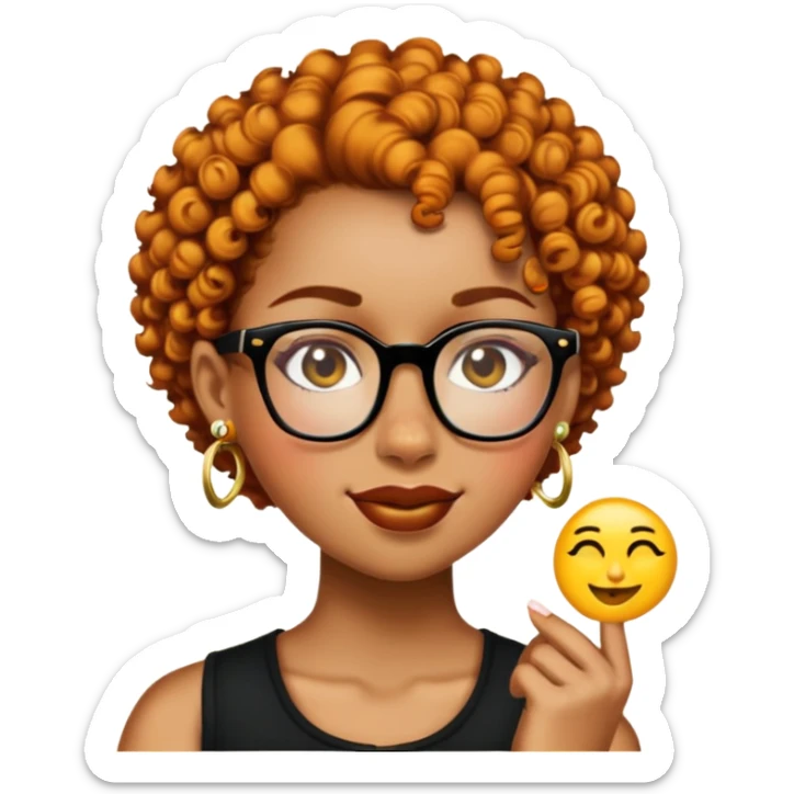 Add a gold nose piercing, gold septum piercing, and gold earrings to the light skin black woman with short ginger curly hair and glasses, winking, in emoji style. sticker