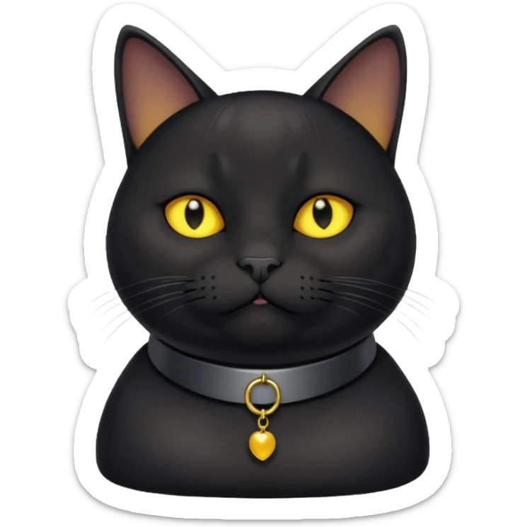Un gato negro gordito con los ojos de color amarillos sentado con un collar que diga: waina michi sticker