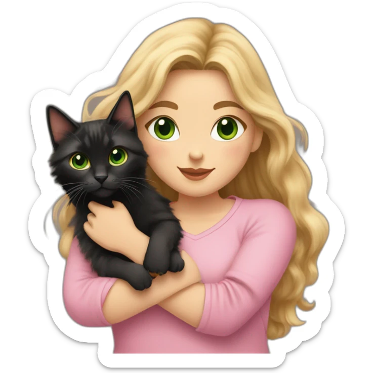 woman with green eyes and long wavy blonde hair in a pink shirt is holding a very fluffy and fat black and tortoiseshell cat sticker