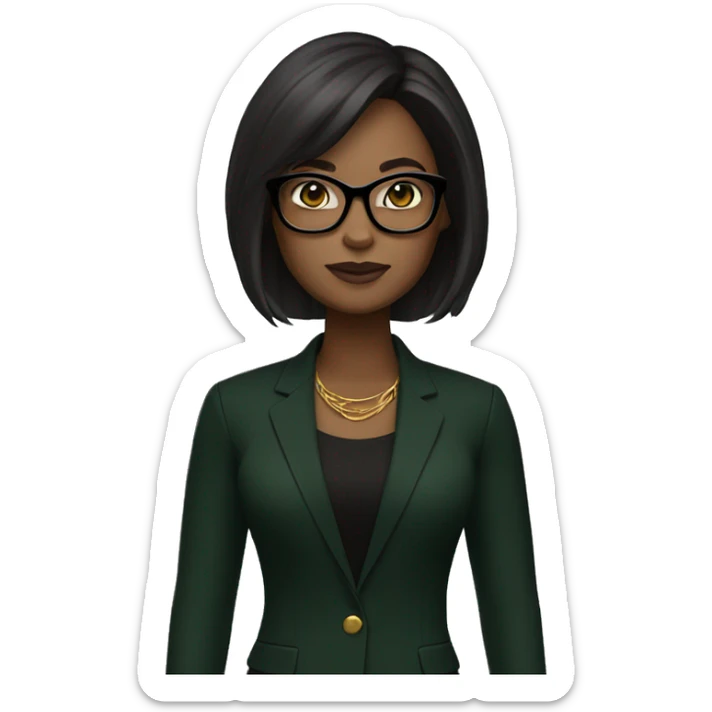 memoji, a woman with dark brown shoulder-length hair, wearing black glasses, dark skin,green and gold earrings, a black blazer over a black top sticker