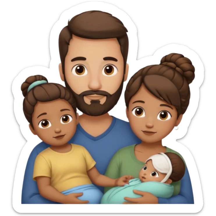 brown family with mom dad teenage daughter toddler son and baby. moms hair is in a bun. dad has a beard.  sticker