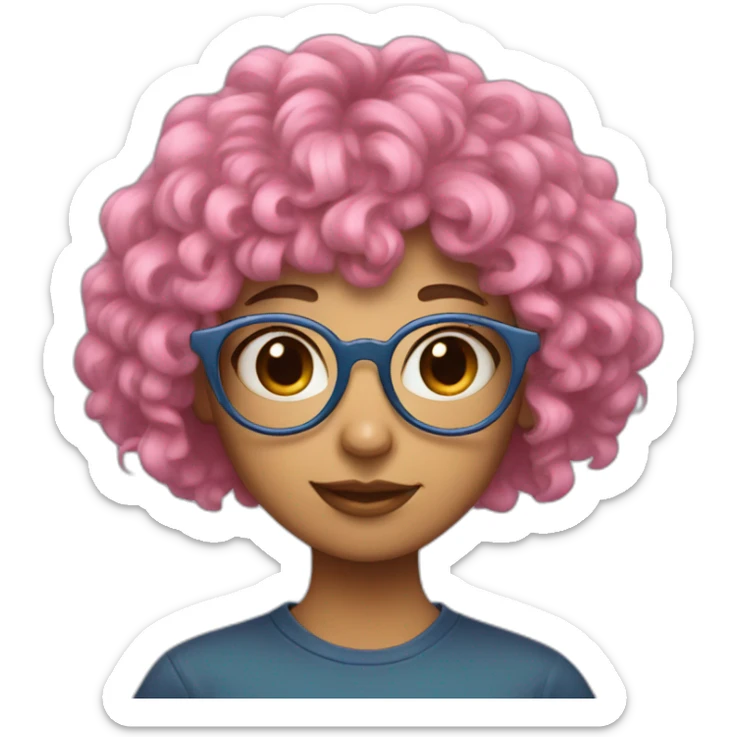 girl with curly blue hair and bangs and skinny pink round glasses sticker