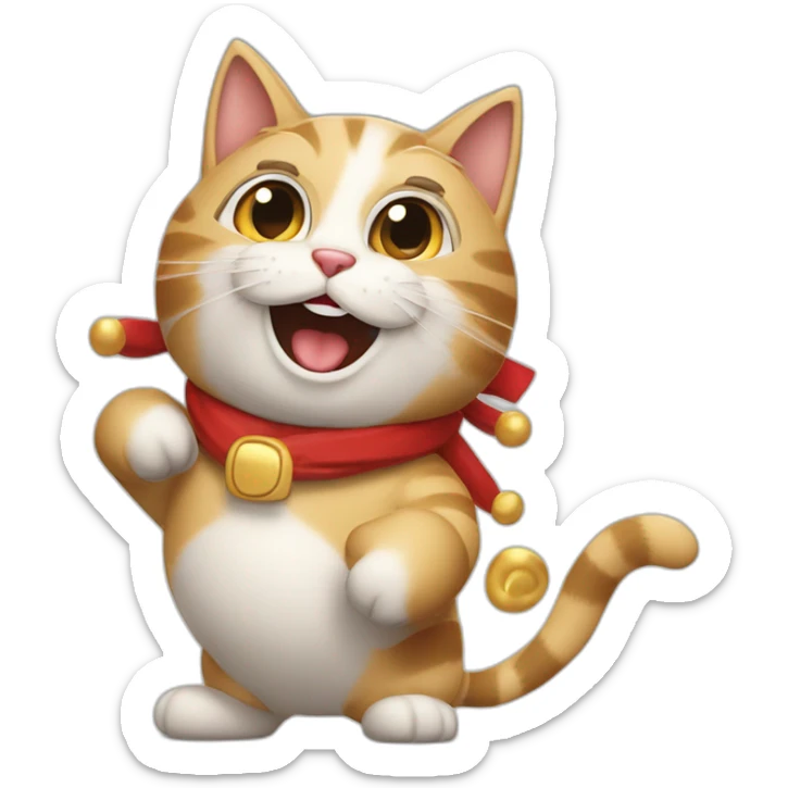 Gato disfrasado de santa claus, gordo y feliz, bailando sticker