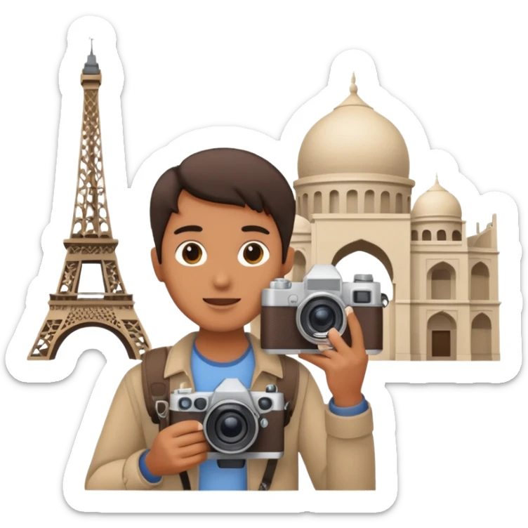a person with a camera in front of a famous landmark, overseas filming sticker