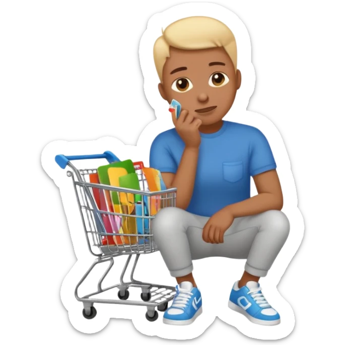 Emoji-style illustration of a person holding a credit card, hand on chin thinking. A thought bubble above the head showing clothes, sneakers, and a shopping cart, representing deciding whether to spend money. Clean, modern emoji style, bright colors, white or transparent background. sticker