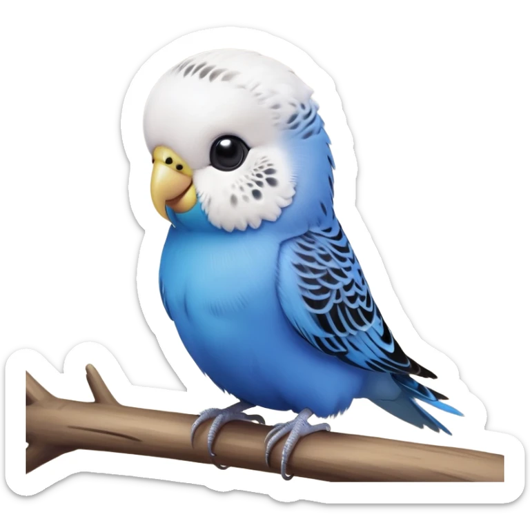 cinematic-cute-blue-budgie-portrait-emoji,-head-tilted-playfully-and-inquisitively,-featuring-a-brilliant-blue-feathered-fur-and white and black feathered face-with-a-natural-sheen,-round,-sparkling-dark-eyes-filled-with-curiosity,-simplified-yet-irresistibly-adorable sticker
