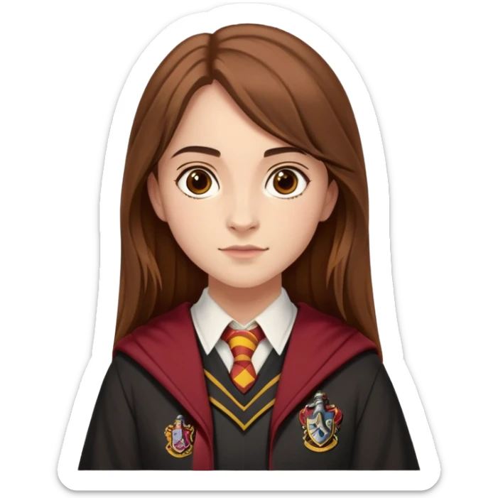 Georgina Leonidas is Katie Bell in harry potter, wear hogwarts gryfindor uniform, medium-to-long, straight brown hair, a practical and natural look, light skin sticker