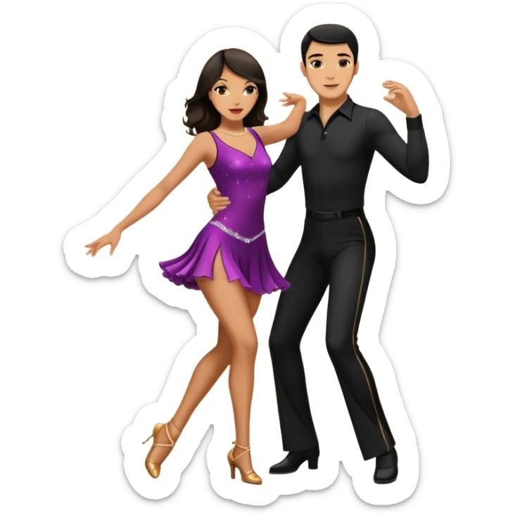 Photorealistic dancesport professional latin couple dancing the cha cha cha at the competition dancefloor, the women is in skinny short sparkly dress, the man is in black shirt and black classic pants, the women has brown long hair, the man has short black hair  sticker