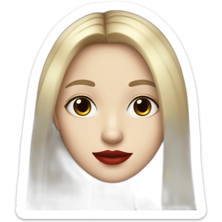 straight long hair,red lipstick,black eyes, white skin and a small nose sticker