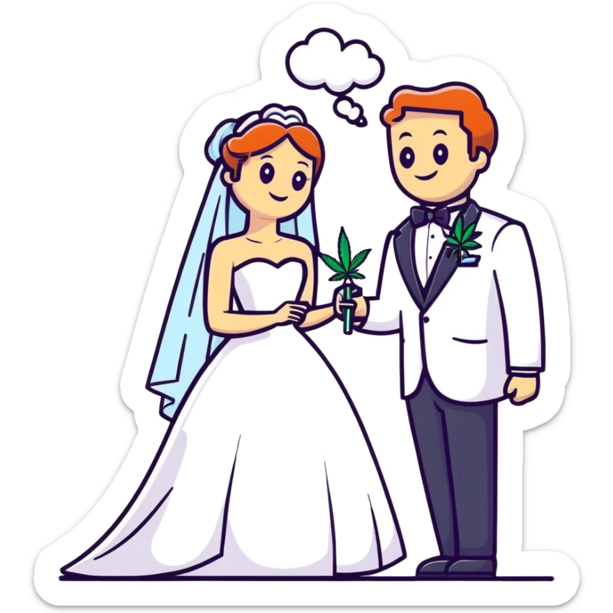 Bride in white dress and groom in tuxedo sharing a cannabis joint, cheerful cartoon wedding couple with festive colorful background sticker