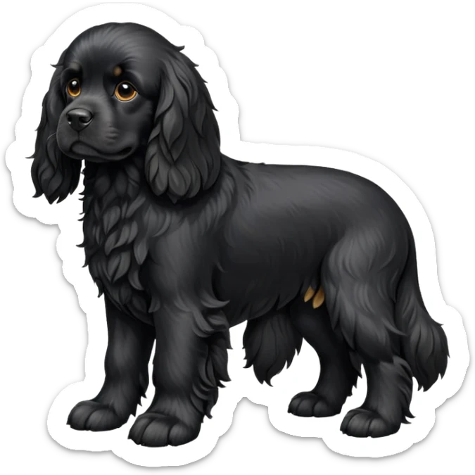 cinematic-[black cocker spaniel dog]-realistic-full-body-sitting-emoji,-tail-resting-loosely-beside-its-paws,-head-tilted-dramatically,-scruffy-[solid black]-fur,-simplified-yet-realistic-focused-features,-highly-detailed,-glowing-with-an-almost-sarcastic-glow sticker