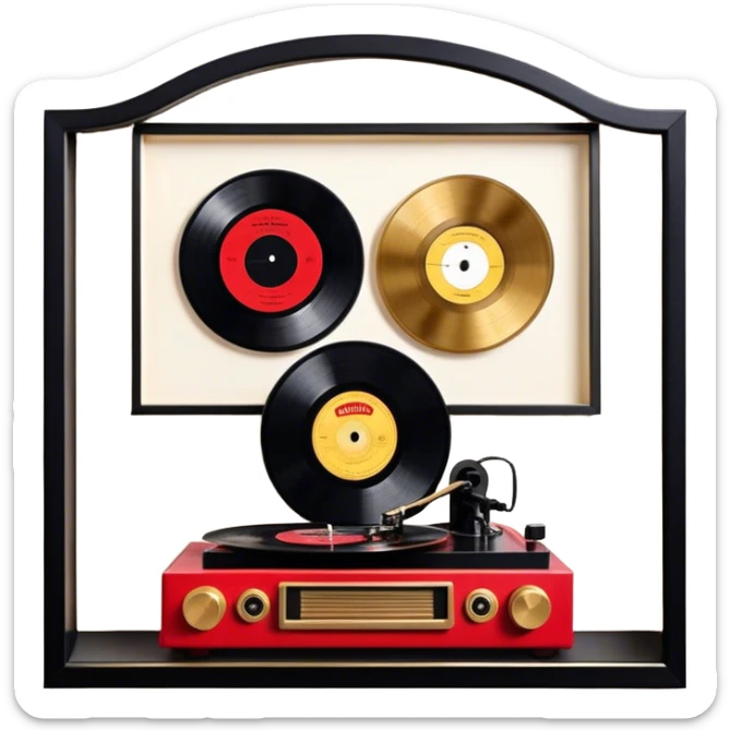 Icon for Vinyl Record Collecting: large black, golden and red vinyl records in decorative packaging featuring artist images, neatly arranged on a wall or shelf, modern vinyl record player. The icon should reflect the aesthetic and artistic aspect of collecting vinyl records. Transparent background. sticker