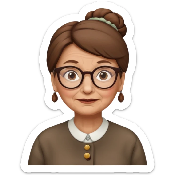 Old woman with brown hair one bun and glasses, white European sticker