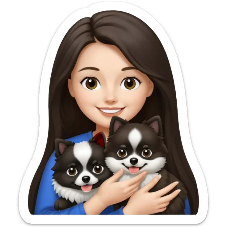 A woman who has brunette long hair is holding a black and white 1 Pomeranian dog who has black face but in the middle he has a white line from the nose sticker