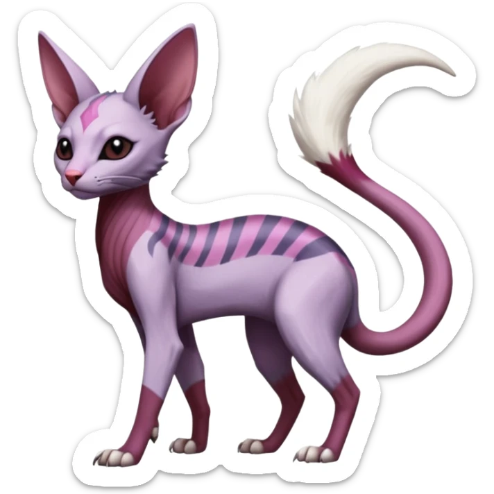 Purple, white, black, Minccino-Sphynx-Lykoi-Linoone-Zangoose-fusion-hybrid-animal-Fakémon-creature, full body, thin long sleek scaly tail, intricate markings sticker