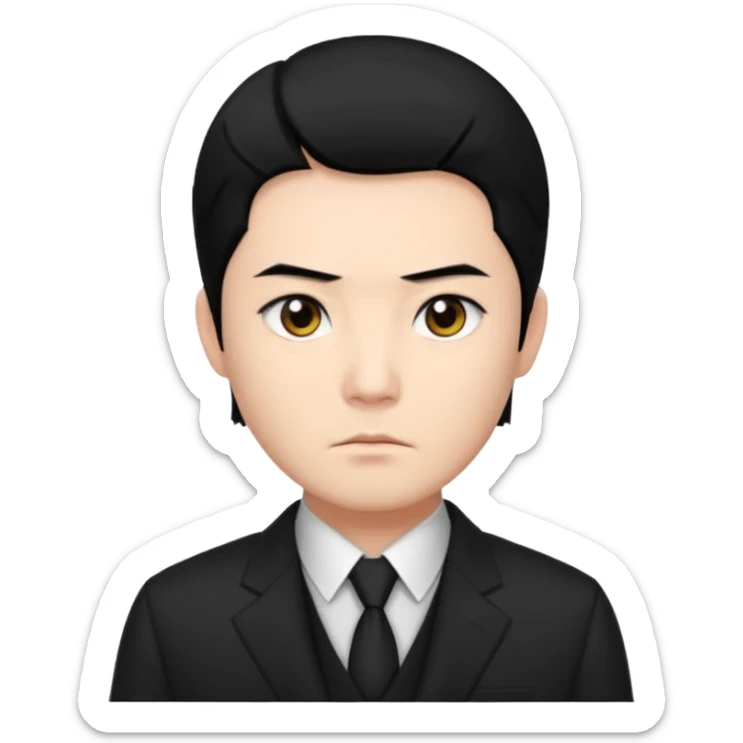 Chinese man with an intense, cold gaze, straight black hair, dark eyes, wearing a designer black suit sticker