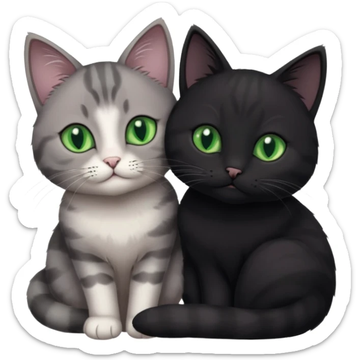 1 grey cat with pastal green eyes and 1 black with green eyes cat cuddling sticker