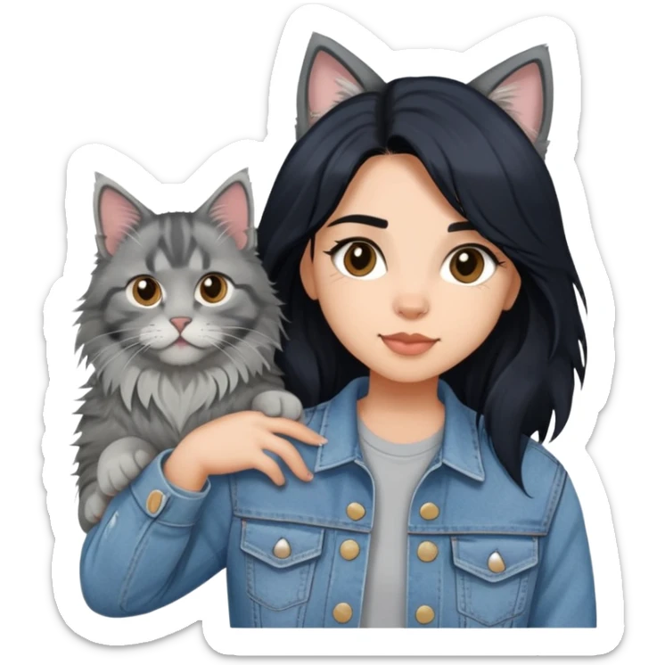 girl with black hair wearing denim jacket with gray maine coon cat sticker