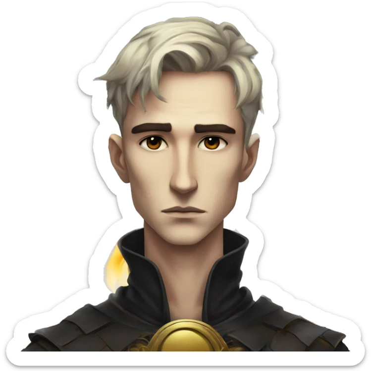 Hamlet young skinny sad man iridescent hair wearing raven feathers with a gilded hourglass and golden flames yin yang chess board sticker