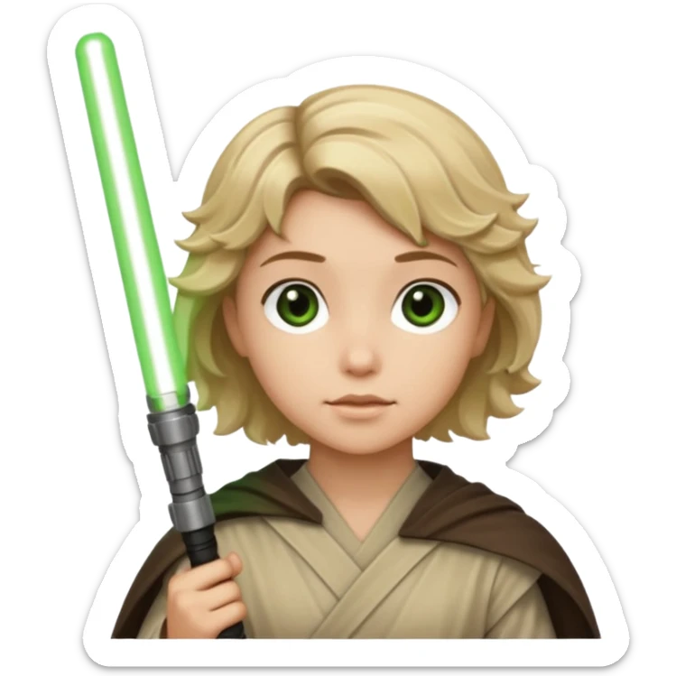 Young jedi with sandy blonde wavy short hair holding a green light saber. With brown eyes sticker