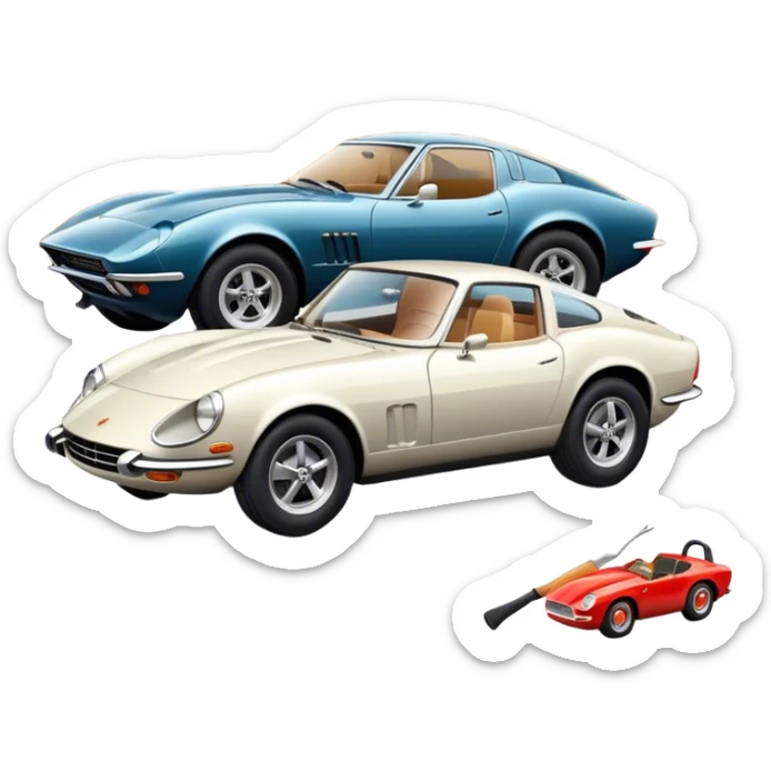 Collage emoji symbolizing a passion for cars: a sleek sports car, a vintage classic car, and an off-road SUV. The background features a cozy garage with tools, car posters, and warm lighting, emphasizing a home hobby atmosphere. Transparent background. sticker