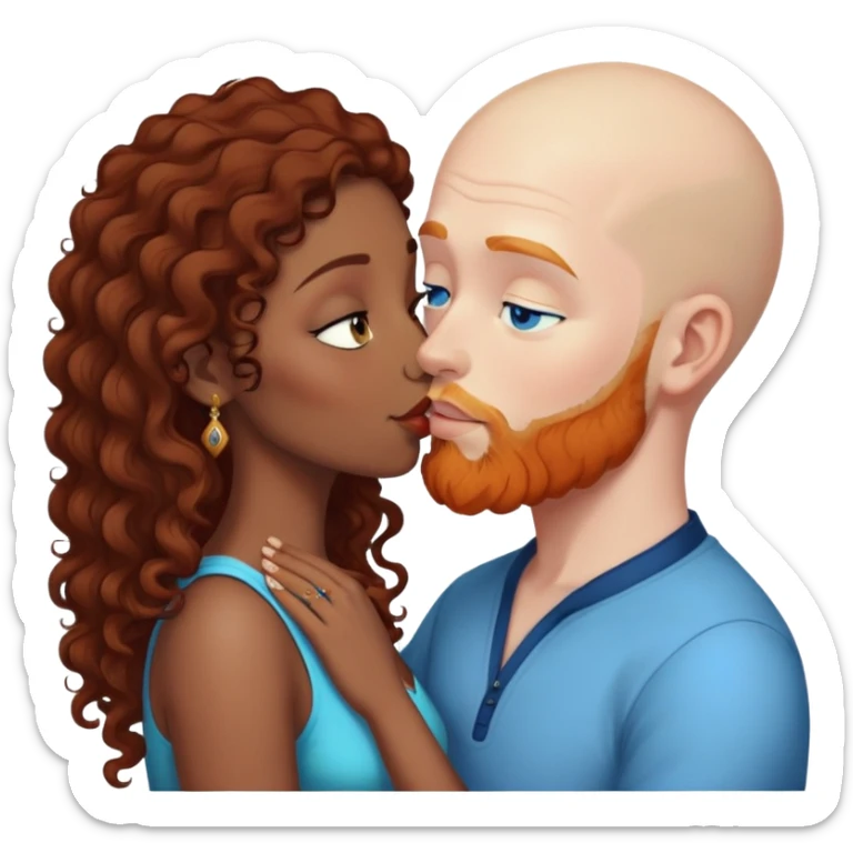 Bald white male with ginger beard and blue eyes kissing indian brown woman with black curly hair sticker