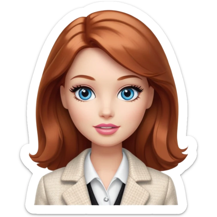 A Barbie girl with blue eyes, shoulder-length reddish-brown hair with makeup, wearing a white tweed jacket and a black skirt, pale beige body cosmetic cream pot sticker