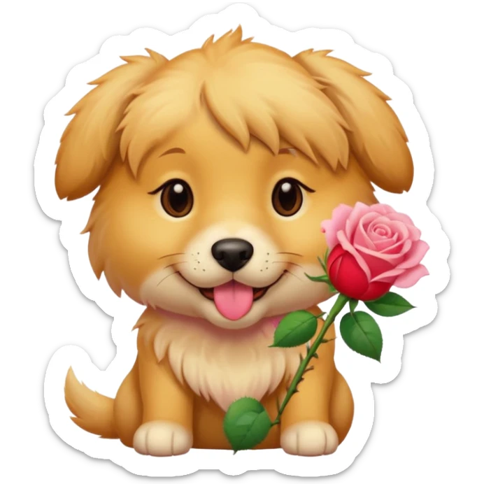 A doggie with a rose in his mouth in soft pink, beige and yellow pastel colors sticker