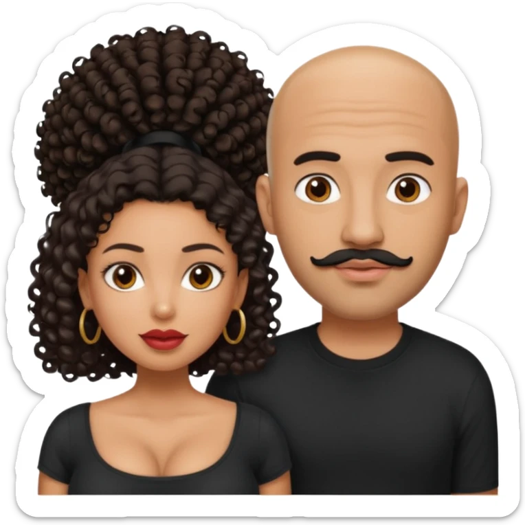 A picture of a tanned couple. the man is a Mexican man with tanned skin, black hair, a bald hair cut, short beard and wearing a black shirt. the woman is mixed, with curly medium length hair, with big boobs and lips  sticker