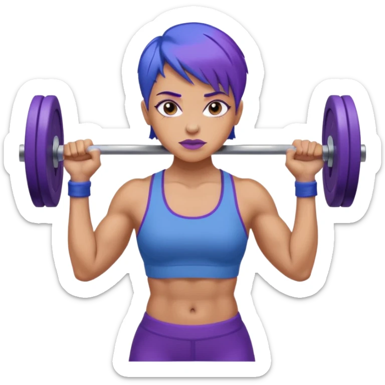 weight lift woman short blue purple har muscles bar is not growing from head sticker