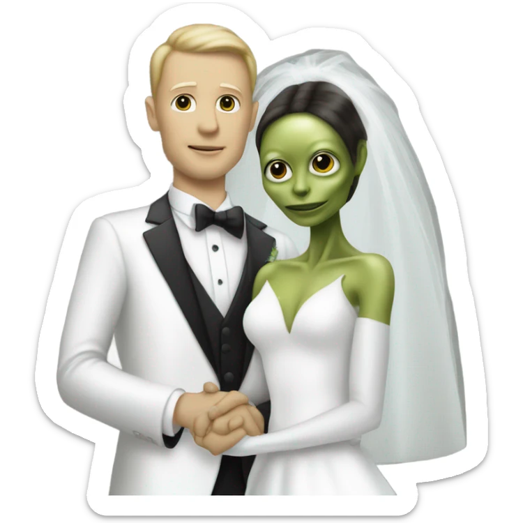 White humman man in a tuxedo holding, Alien reprilian woman in wedding dress, and one , hands getting married sticker