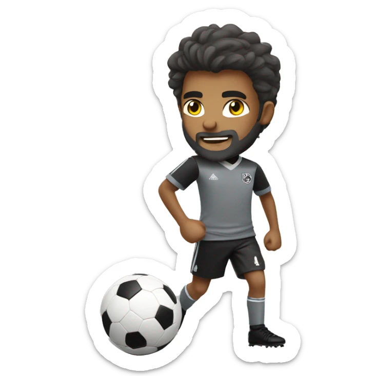 boy in gray soccer uniform and black shorts with gray beard  and hair kicking a soccer ball sticker