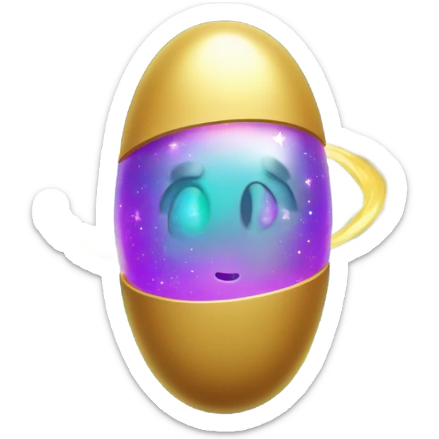 A glowing magical pill emoji with a golden outline and a swirling galaxy inside it. Tiny stars and planets orbit around it, and the background is a deep space scene with colorful nebulae. sticker