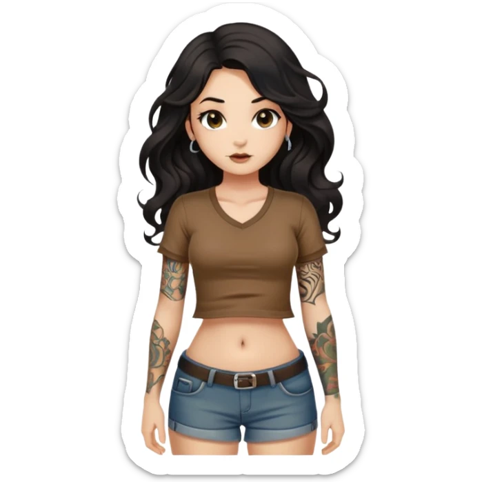 Fair skin girl - Long black hair, wavy - Tattoo on upper arm - No tattoo on lower arm - Wearing brown short-sleeved shirt with exposed belly button - Full body shot - Tattoo on upper arm only sticker