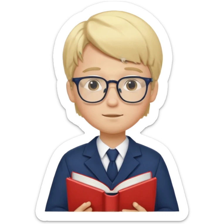 Boy student wearing uniform, glasses, hold book in front of their chest, blonde hair, white skin sticker