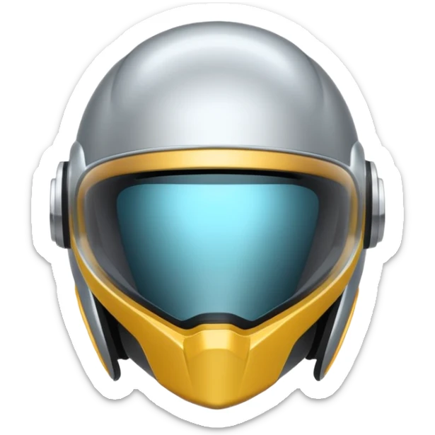 A futuristic helmet emoji made of silver chrome, smooth aerodynamic shape, minimal visor detail, reflective metallic surface, sci-fi aesthetic, iOS emoji style, centered on clean white background sticker