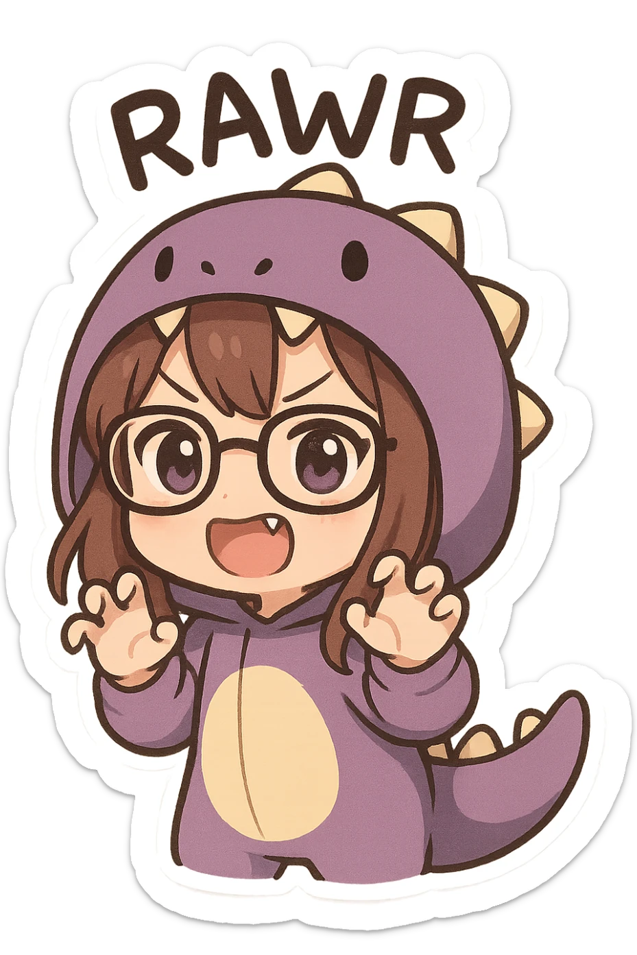 chibi anime style girl with glasses, brown hair, dark purple eyes, wearing a purple dinosaur costume, saying 'rawr' in a cute playful way, clawing the air with her hands and showing her teeth sticker