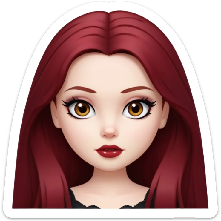 pretty bratz girl, pale skin, dark red hair,  long hair, brown eyes, black eyeliner sticker
