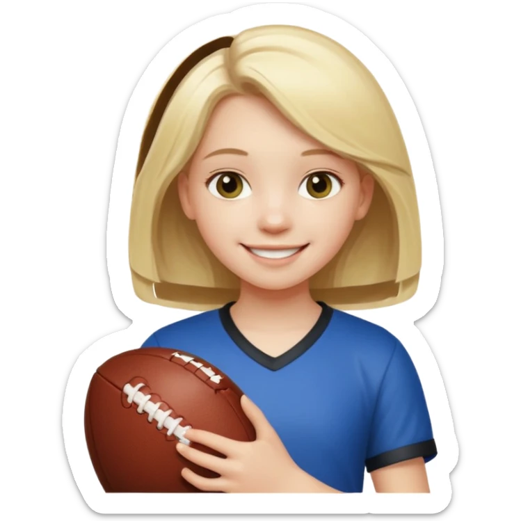 A girl with light blonde hair that looks around 13 years old with a football sticker