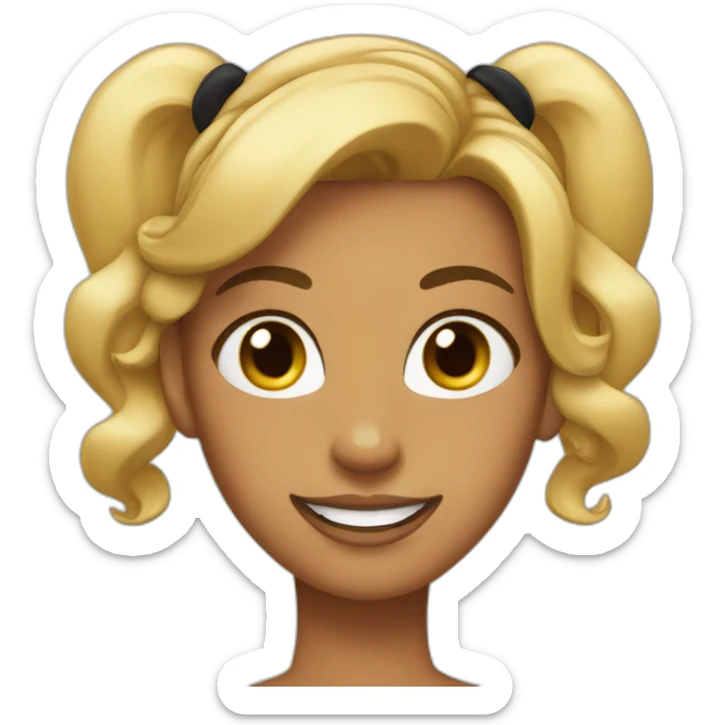 a lady with tanned skin and a black ponytail. Her teeth stand out in front of her mouth sticker