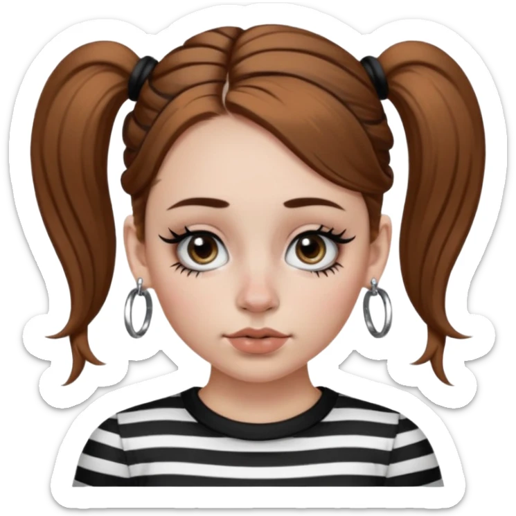 a white girl with brown hair in very low pigtails black eyeliner big false eyelashes with a septum piercing nose piercing big hoop earings dermals close to the eyes one on each side wearing a black and white striped long sleeve shirt sticker
