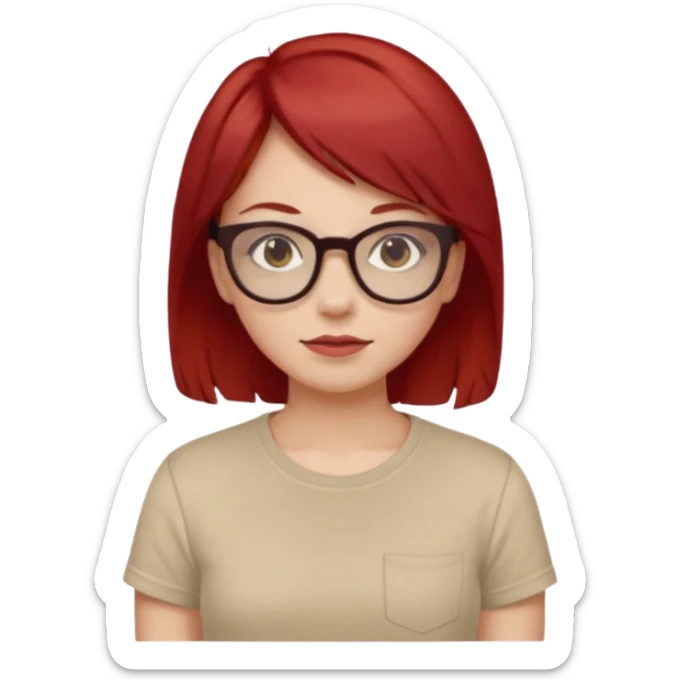 girl short-layer-red-hair wear beige T-shirt, wear dark red glasses sticker