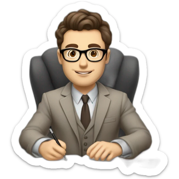 Pale skinned Fit Man With dark brown hair in gray jacket, beige office shirt, Brown pants and vintage glasses sitting In a soft chair with a notebook on spring with emblem Ψ and a pen sticker