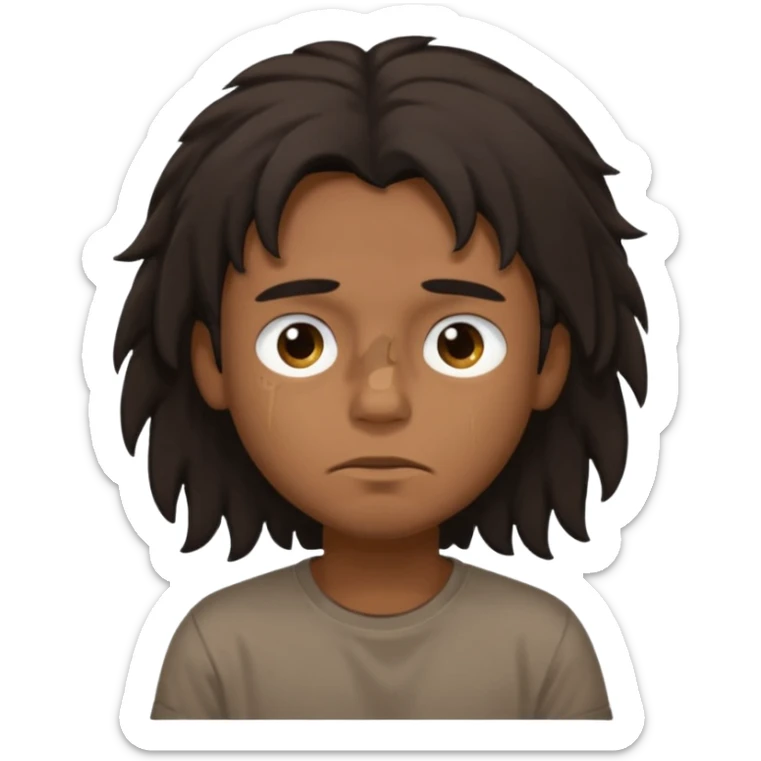 generate a pretty bratz brown skinned boy with black messy long hair wearing a brown tshirt in bed. Looking sleepy sticker