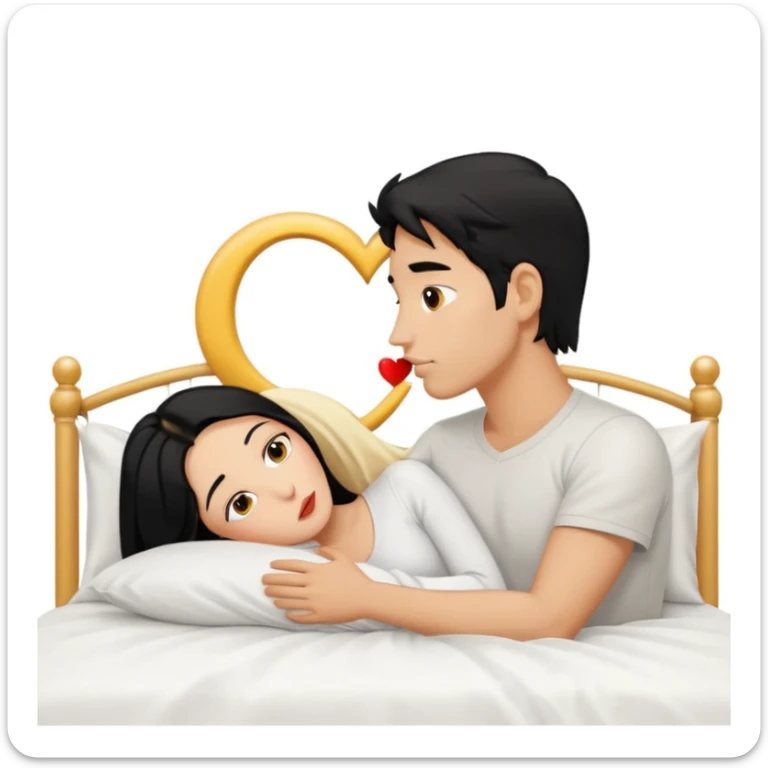 Naked man, black hair, kissing naked Woman, blonde hair, bed,  sticker