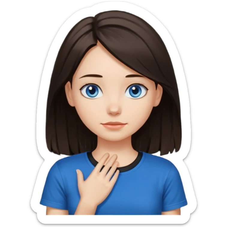 Girl with dark brown hair thats about shoulder lenght with blue eyes putting two hands on their neck in a black tshirt sticker